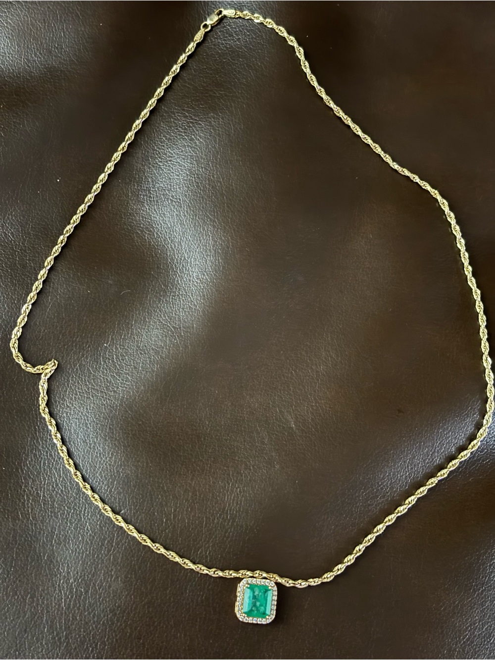 Gold Rope Chain Necklace with Green Emerald-Style Pendant